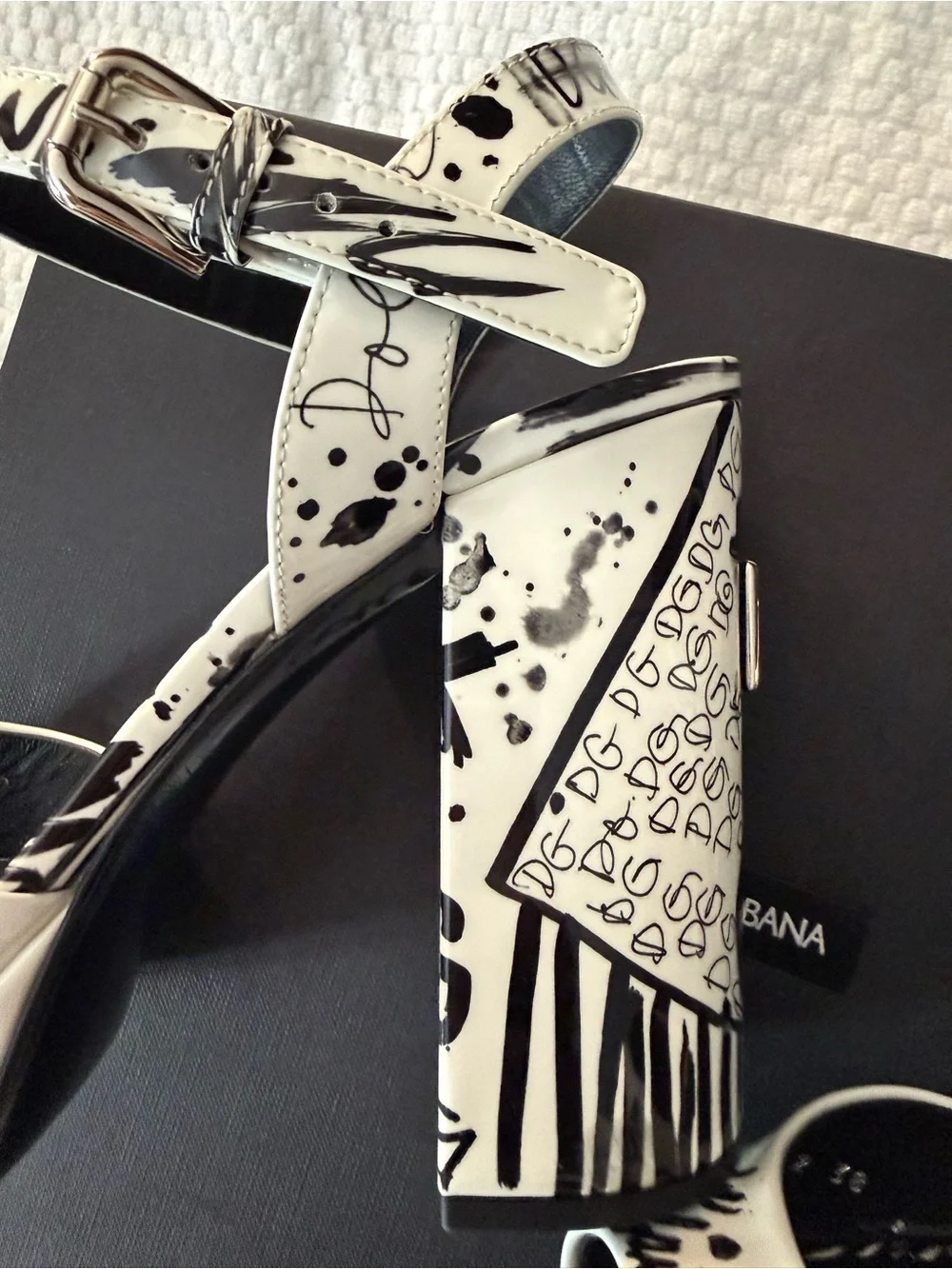 Dolce & Gabbana White and Black Graffiti Block Heel Sandals